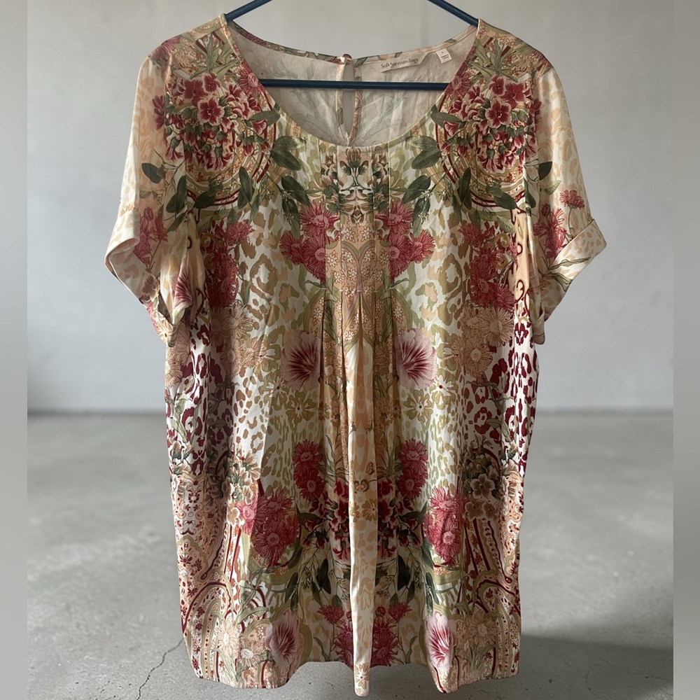 Soft Surroundings Green Yellow Floral Cusabo Top Short Sleeve Top Size large - Picture 6 of 6
